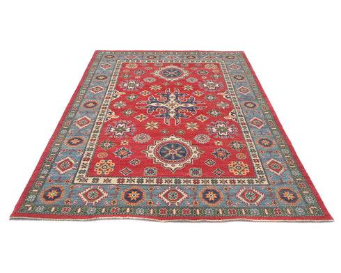 6x8 Red Kuba Afghan Hand Knotted Wool Area Rug
